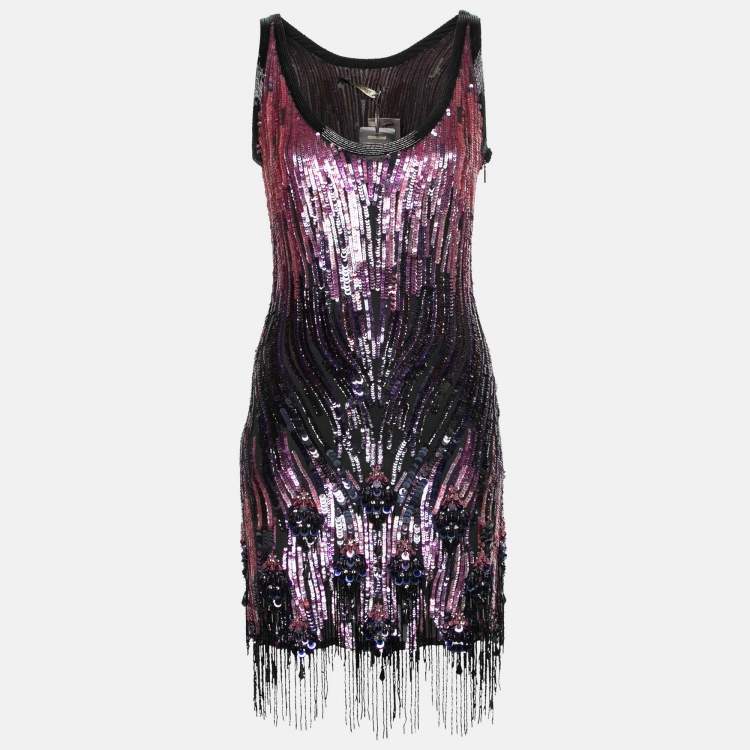 Pre Owned Roberto Cavalli Multicolor Sequin-Embellished Crepe Fringed Dress M