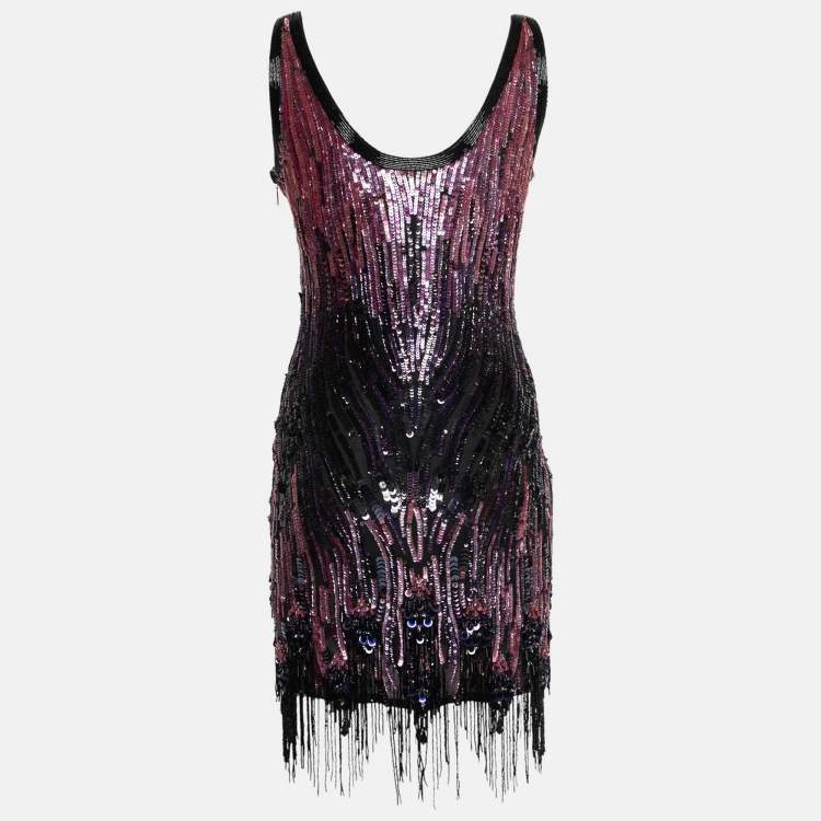 Pre Owned Roberto Cavalli Multicolor Sequin-Embellished Crepe Fringed Dress M