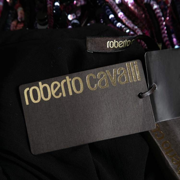 Pre Owned Roberto Cavalli Multicolor Sequin-Embellished Crepe Fringed Dress M