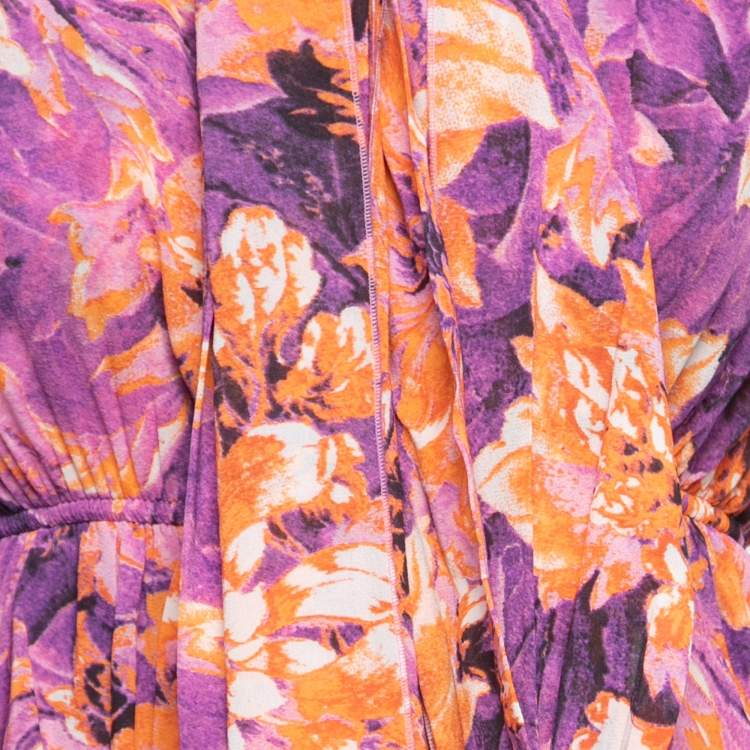 Pre Owned Roberto Cavalli Purple & Orange Floral Printed Chiffon Tiered Dress M
