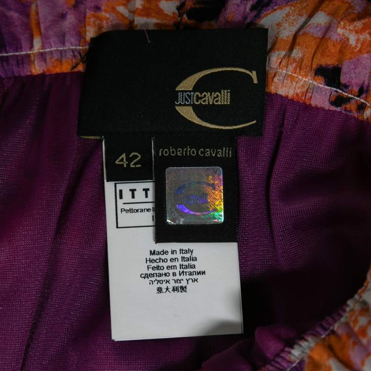 Pre Owned Roberto Cavalli Purple & Orange Floral Printed Chiffon Tiered Dress M