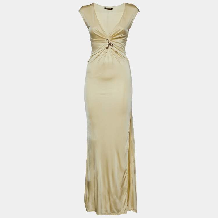 مملوكة مسبقًا Roberto Cavalli Cream Jersey Snake Brooch Detail Maxi Dress S