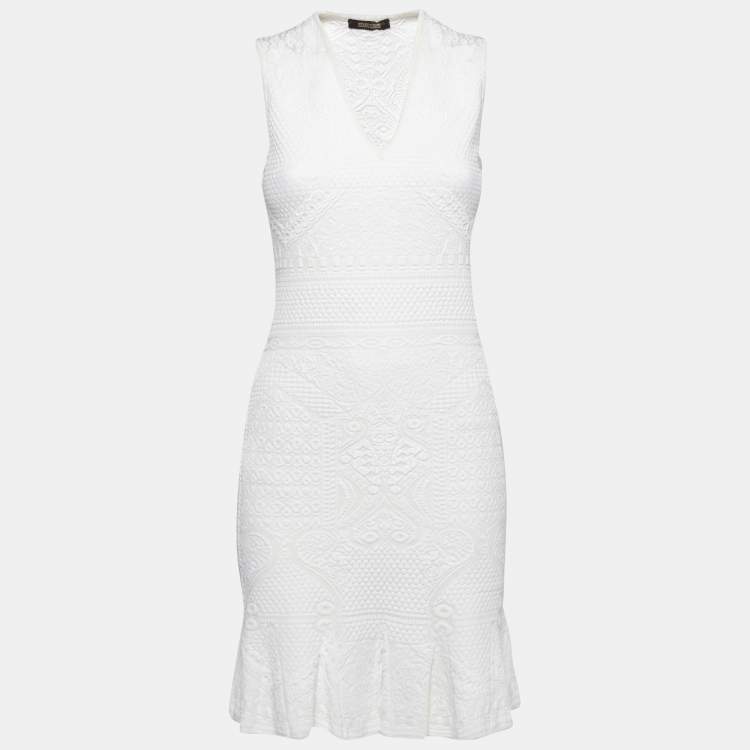Pre Owned Roberto Cavalli White Patterned Knit Sleeveless V-Neck Dress M