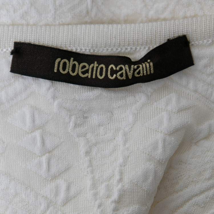 Pre Owned Roberto Cavalli White Patterned Knit Sleeveless V-Neck Dress M