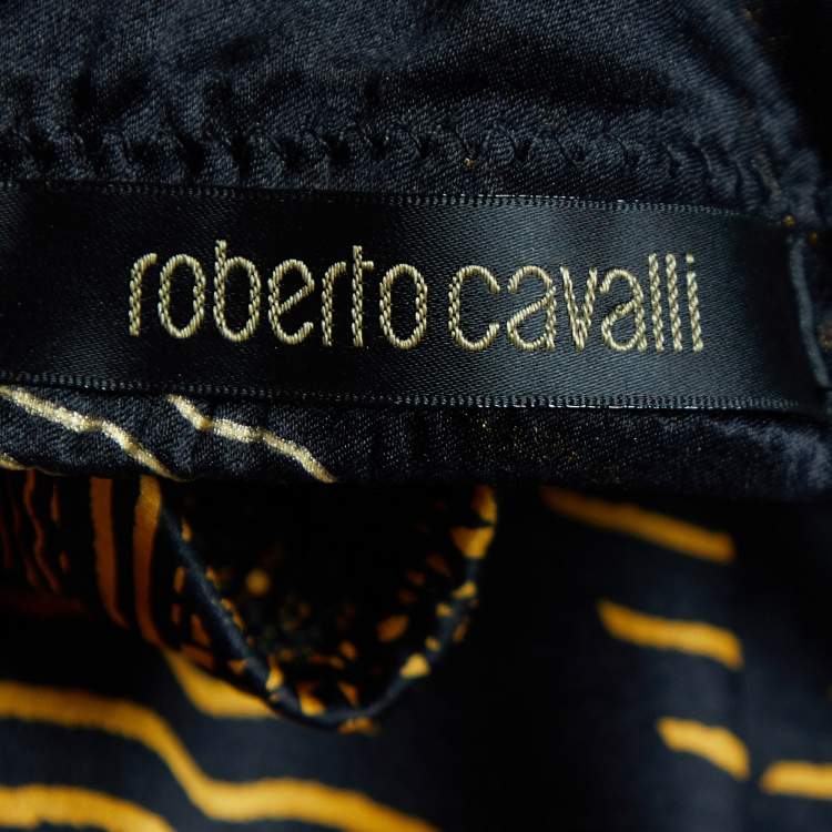 Pre Owned Roberto Cavalli Black & Gold Paisley Print Silk Flared Maxi Skirt L