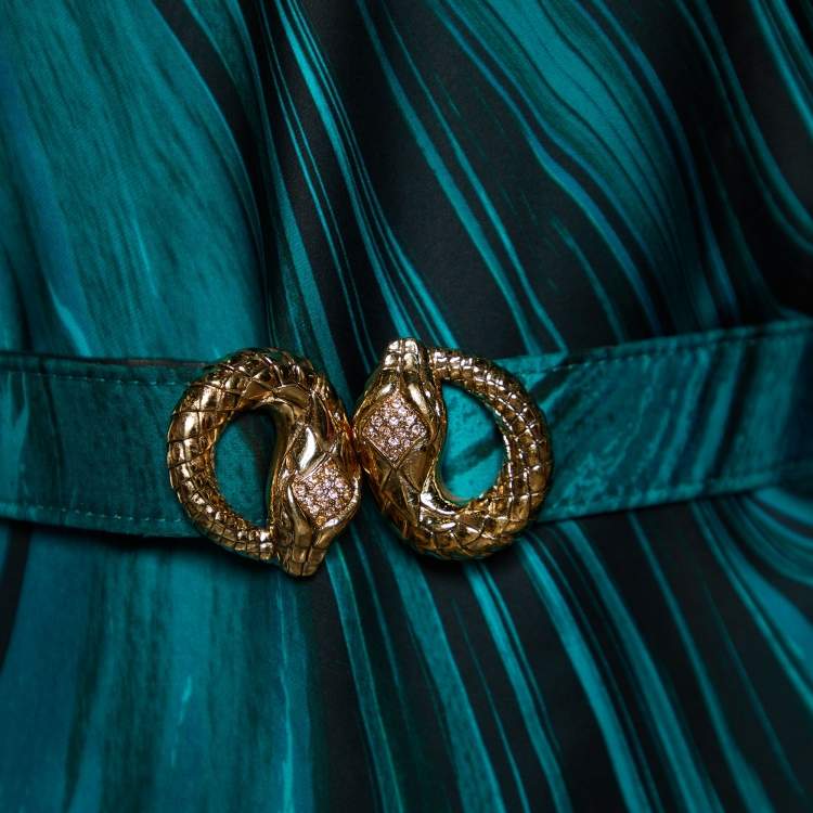Pre Owned Roberto Cavalli Green Printed Silk One Shoulder Belted Kaftan Top M