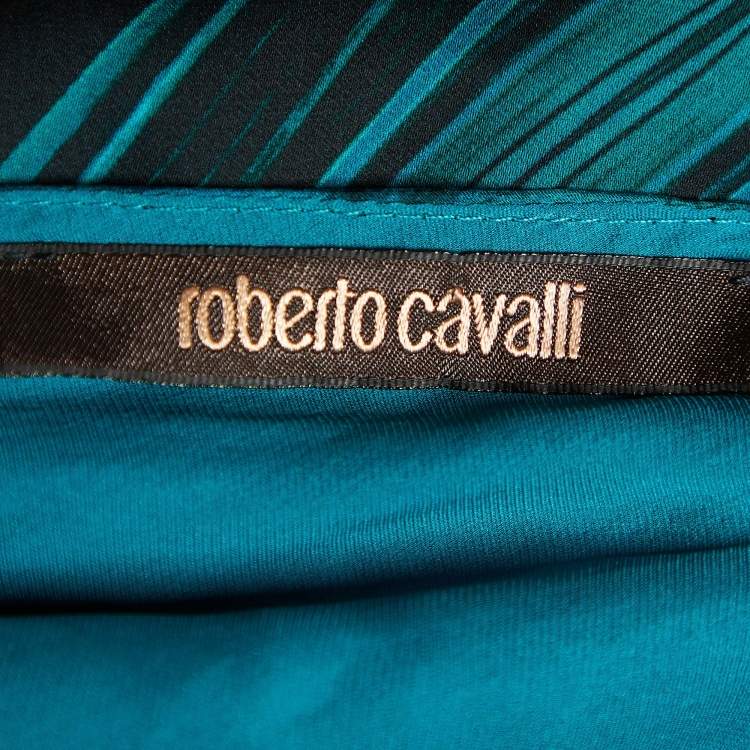 Pre Owned Roberto Cavalli Green Printed Silk One Shoulder Belted Kaftan Top M