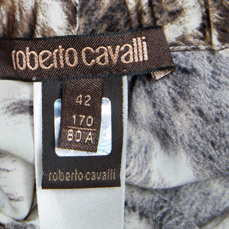 Pre Owned Roberto Cavalli Brown Printed Silk Satin Drawstring Hem Trousers M