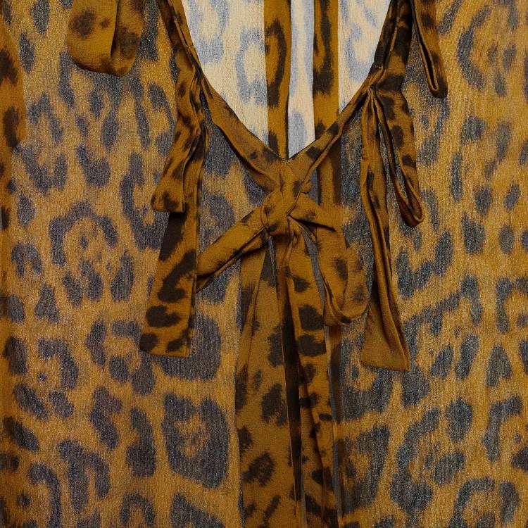 Pre Owned Roberto Cavalli Brown Animal Print Silk Sheer Blouse M 