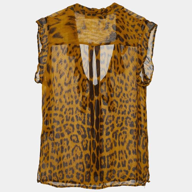 Pre Owned Roberto Cavalli Brown Animal Print Silk Sheer Blouse M 
