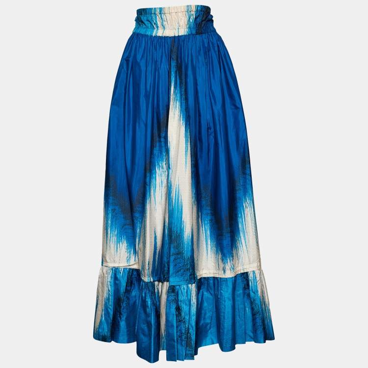 Pre Owned Roberto Cavalli Blue Printed Silk Ruffled Hem Maxi Skirt S