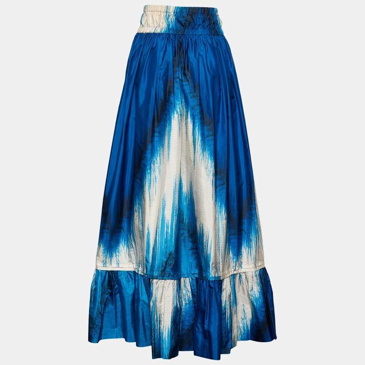 Pre Owned Roberto Cavalli Blue Printed Silk Ruffled Hem Maxi Skirt S