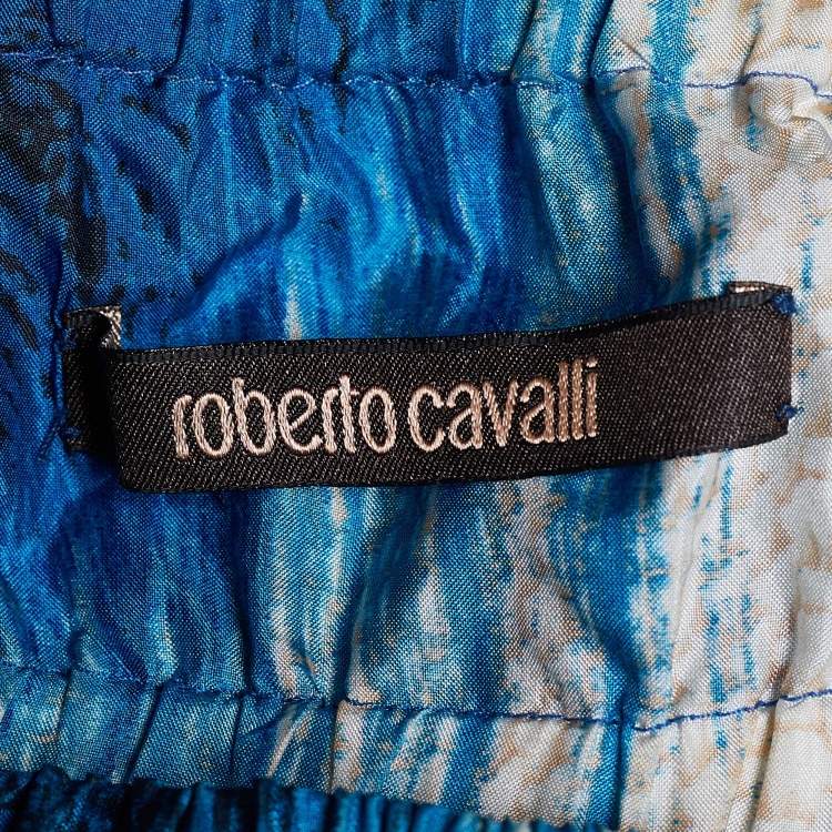 Pre Owned Roberto Cavalli Blue Printed Silk Ruffled Hem Maxi Skirt S