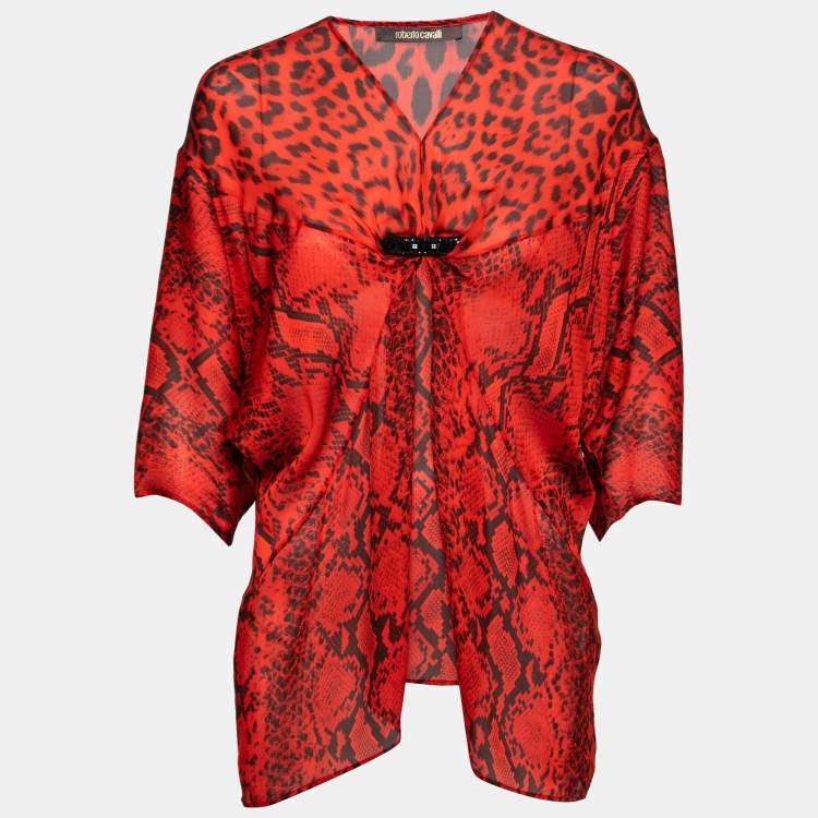 Pre Owned Roberto Cavalli Red Animal Print Silk Top One Size   
