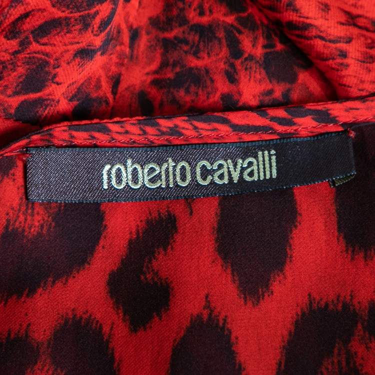 Pre Owned Roberto Cavalli Red Animal Print Silk Top One Size   