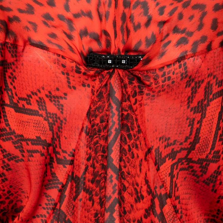 Pre Owned Roberto Cavalli Red Animal Print Silk Top One Size   
