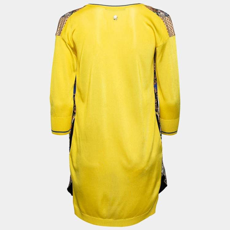 Pre Owned Roberto Cavalli Yellow Printed Silk Round Neck Top S