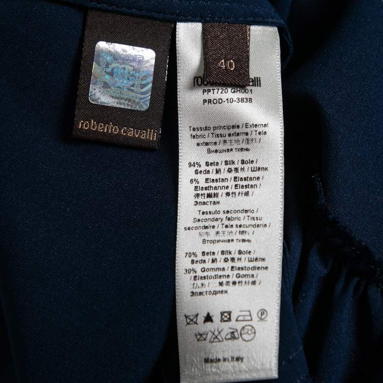 Pre Owned Roberto Cavalli Dark Blue Silk Ruffled Hem Top S  