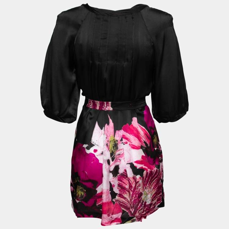 Pre Owned Roberto Cavalli Black Floral Print Silk Belted Top S  
