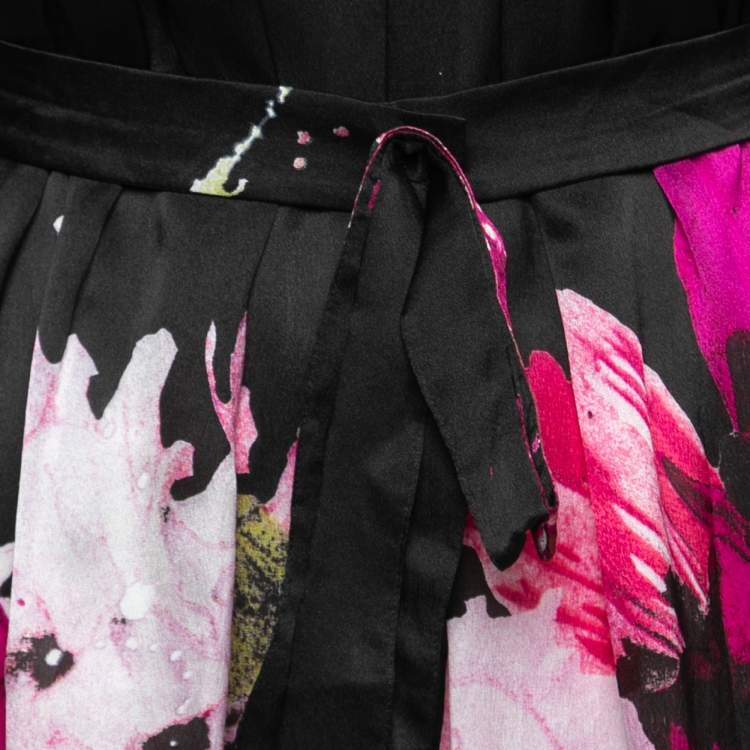 Pre Owned Roberto Cavalli Black Floral Print Silk Belted Top S  