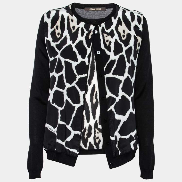 Pre Owned Roberto Cavalli Black Printed Silk Inset & Knit Long-Sleeve Cardigan S