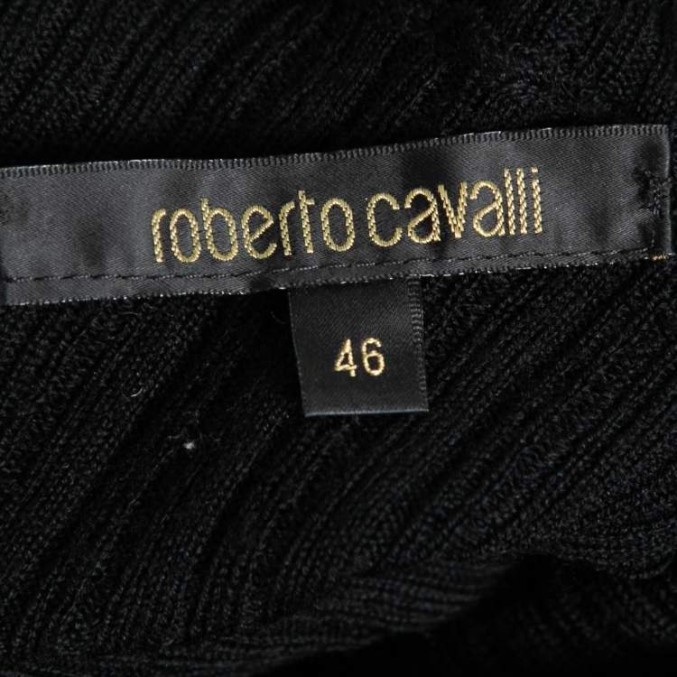 Pre Owned Roberto Cavalli Black Rib Knit Wool Silk Trimmed Turtle Neck Sweater L
