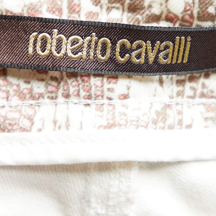 Pre Owned Roberto Cavalli White Animal Printed Denim Flared Leg Jeans S