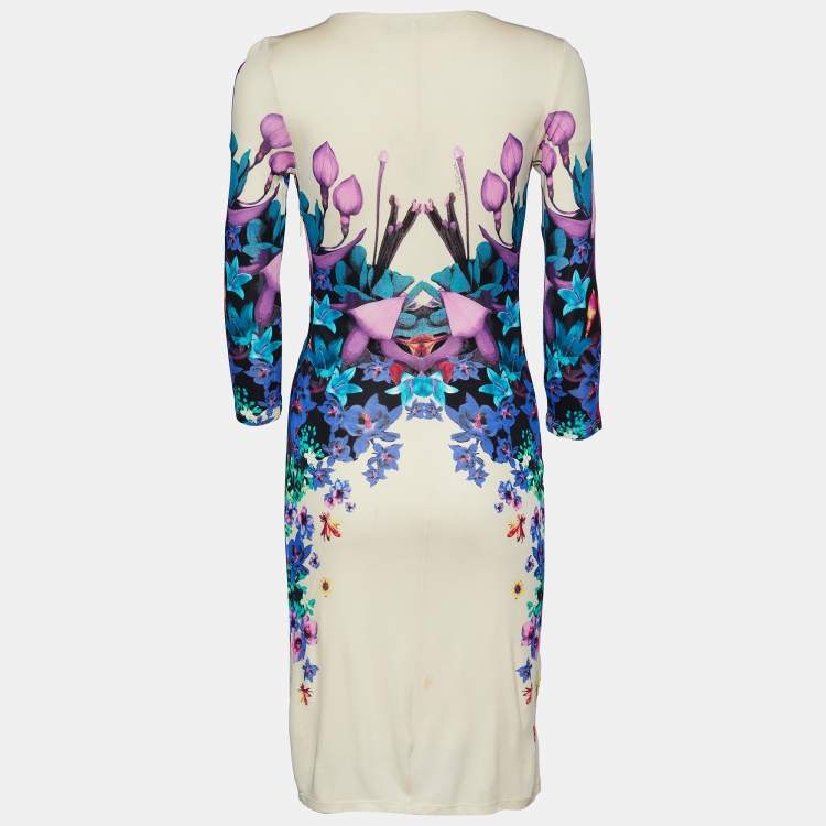 Pre Owned Roberto Cavalli Cream Floral Print Jersey Serpent Detail Sheath Dress S