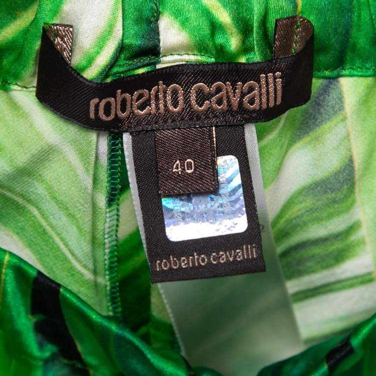 Pre Owned Roberto Cavalli Green Printed Silk Tassel-Tie Harem Pants S