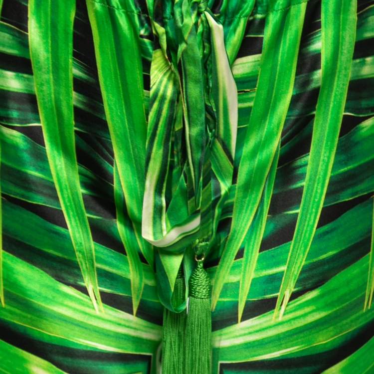 Pre Owned Roberto Cavalli Green Printed Silk Tassel-Tie Harem Pants S