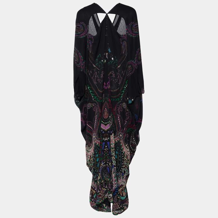 Pre Owned Roberto Cavalli Black Printed Silk Kaftan Maxi Dress S