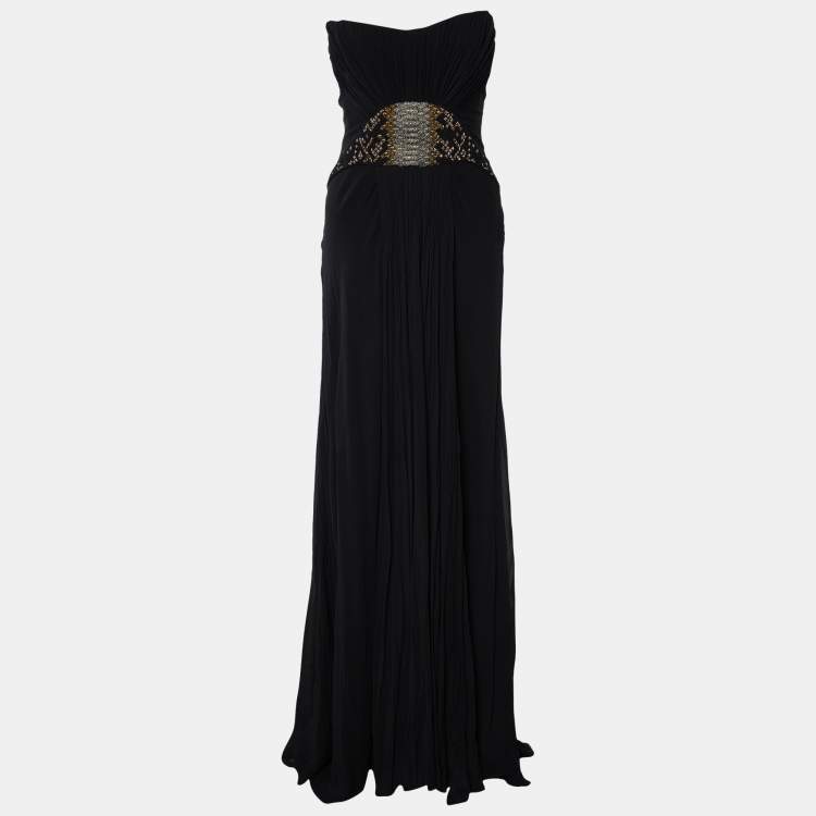 Pre Owned Roberto Cavalli Black Embellished Silk Crepe Corset Detail Strapless Gown M
