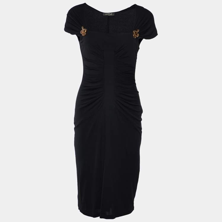 Pre Owned Roberto Cavalli Black Jersey Ruched Detail Mini Dress M