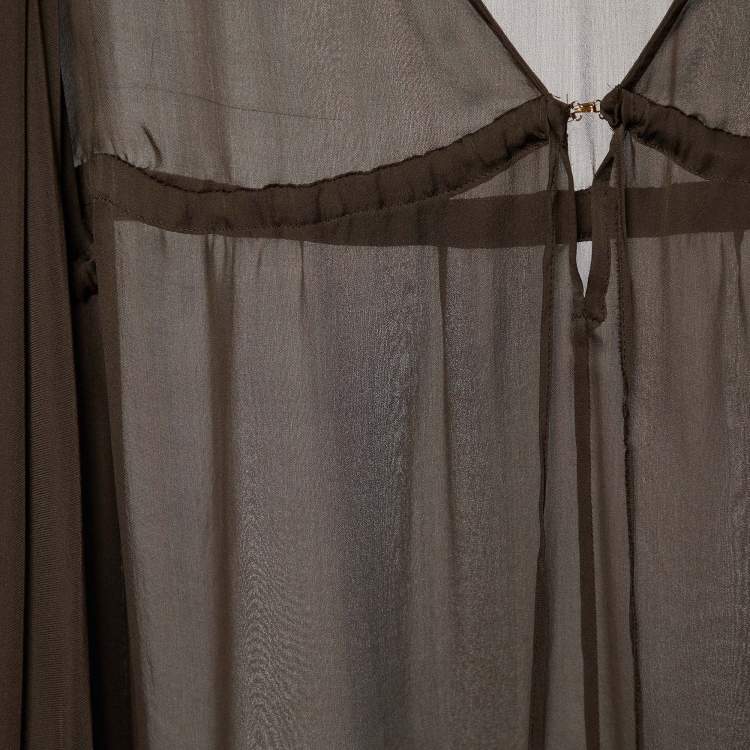 Pre Owned Roberto Cavalli Brown Silk Bell Sleeve Top L