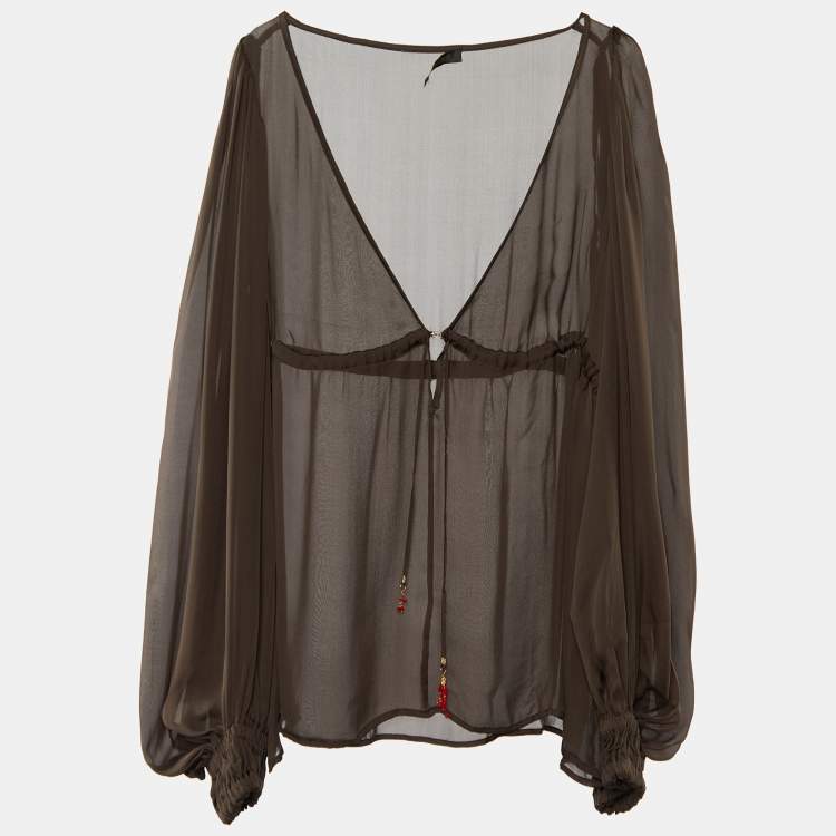Pre Owned Roberto Cavalli Brown Silk Bell Sleeve Top L