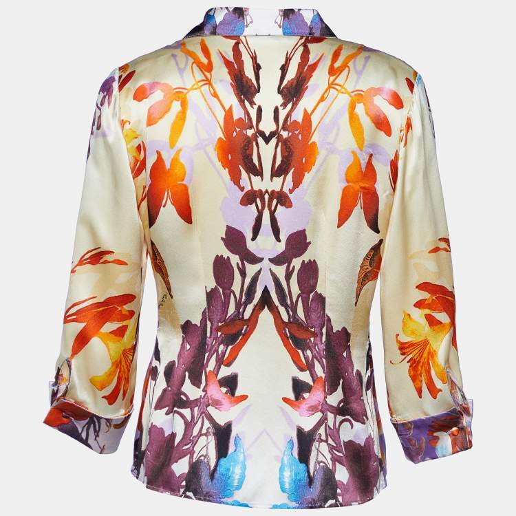 Pre Owned Roberto Cavalli Multicolor Floral Printed Silk Satin Shirt M