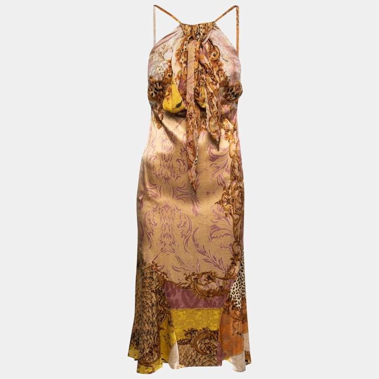 Pre Owned Roberto Cavalli Multicolor Printed Silk Satin Halter Neck Dress M