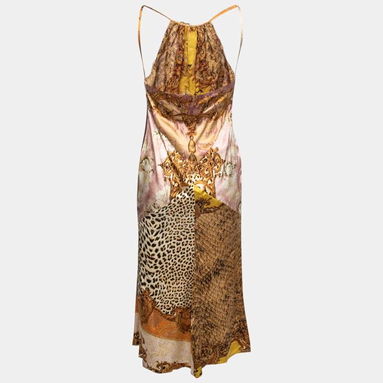 Pre Owned Roberto Cavalli Multicolor Printed Silk Satin Halter Neck Dress M