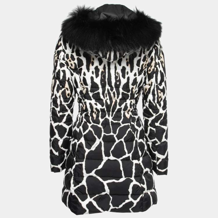 Pre Owned Roberto Cavalli Black Animal Printed Down Padded Fur Lined Puffer Jacket M