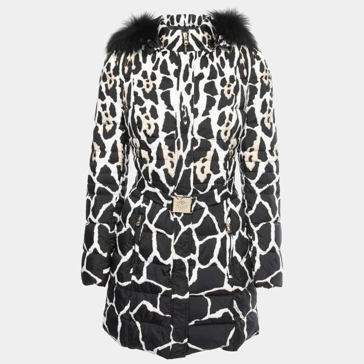 Pre Owned Roberto Cavalli Black Animal Printed Down Padded Fur Lined Puffer Jacket M