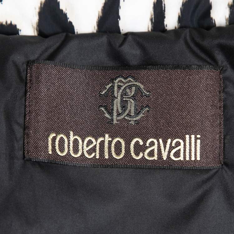 Pre Owned Roberto Cavalli Black Animal Printed Down Padded Fur Lined Puffer Jacket M
