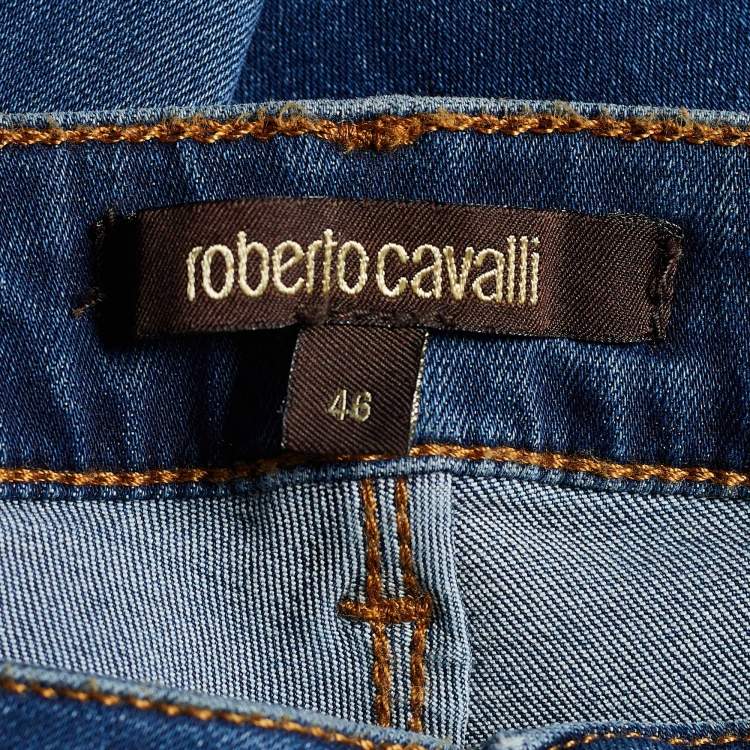 Pre Owned Roberto Cavalli Indigo Denim Serpenti Print Skinny Jeans L