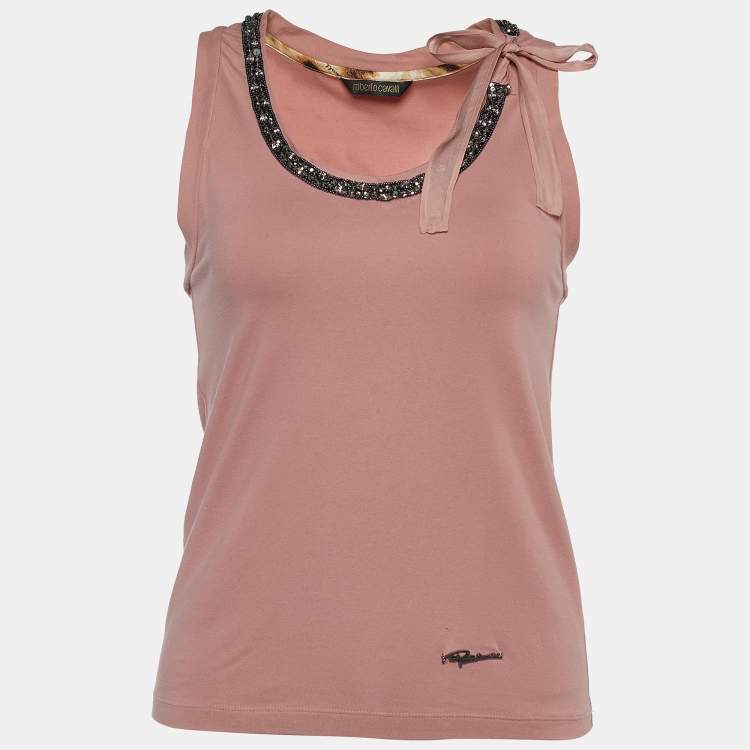 Pre Owned Roberto Cavalli Dusty Pink Embellished Neck Tank Top M
