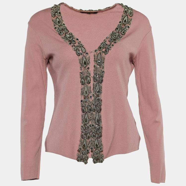Pre Owned Roberto Cavalli Dusty Pink Crystal Embellished Cardigan L