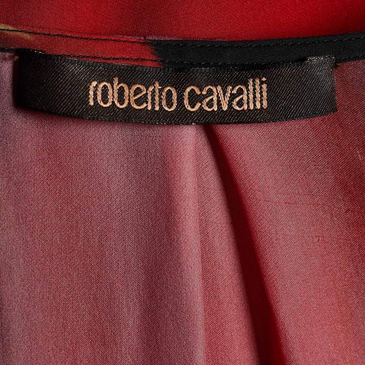 Pre Owned Roberto Cavalli Red Abstract Print Silk Embellished Detail Blouse L