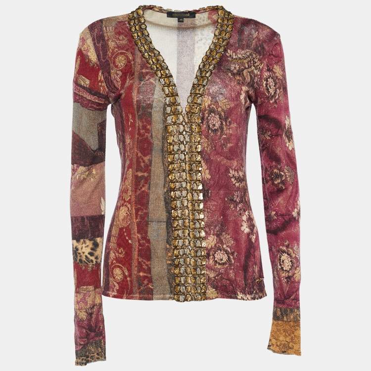 Pre Owned Roberto Cavalli Pink Multi Stripe Print Knit Embellished Cardigan M