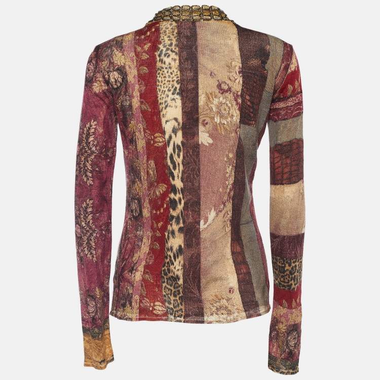 Pre Owned Roberto Cavalli Pink Multi Stripe Print Knit Embellished Cardigan M