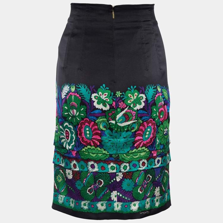Pre Owned Roberto Cavalli Black Satin Silk Floral Print Skirt M