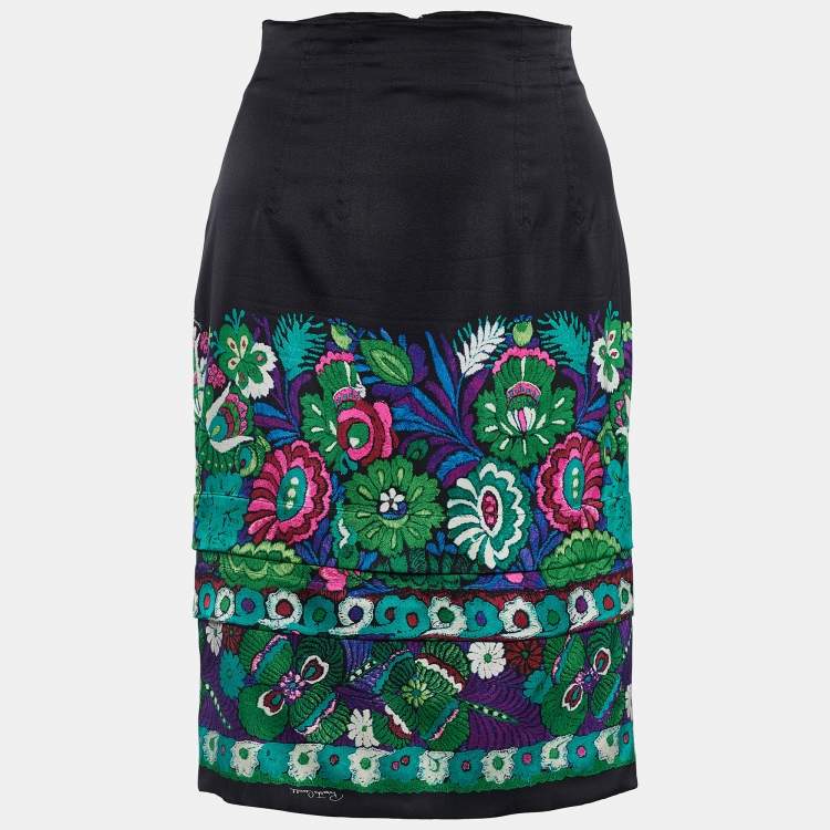 Pre Owned Roberto Cavalli Black Satin Silk Floral Print Skirt M