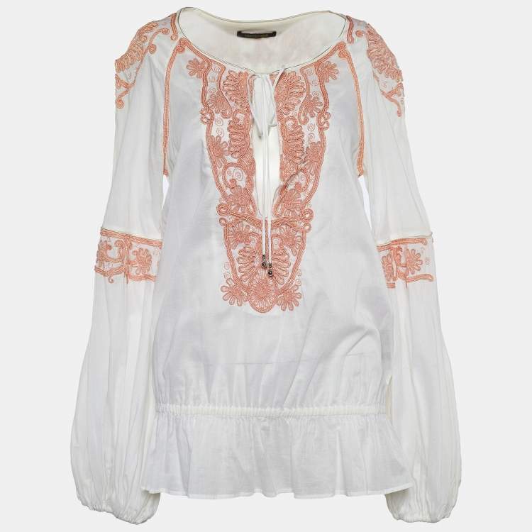 Pre Owned Roberto Cavalli White Embellished Cotton Peasant Blouse M